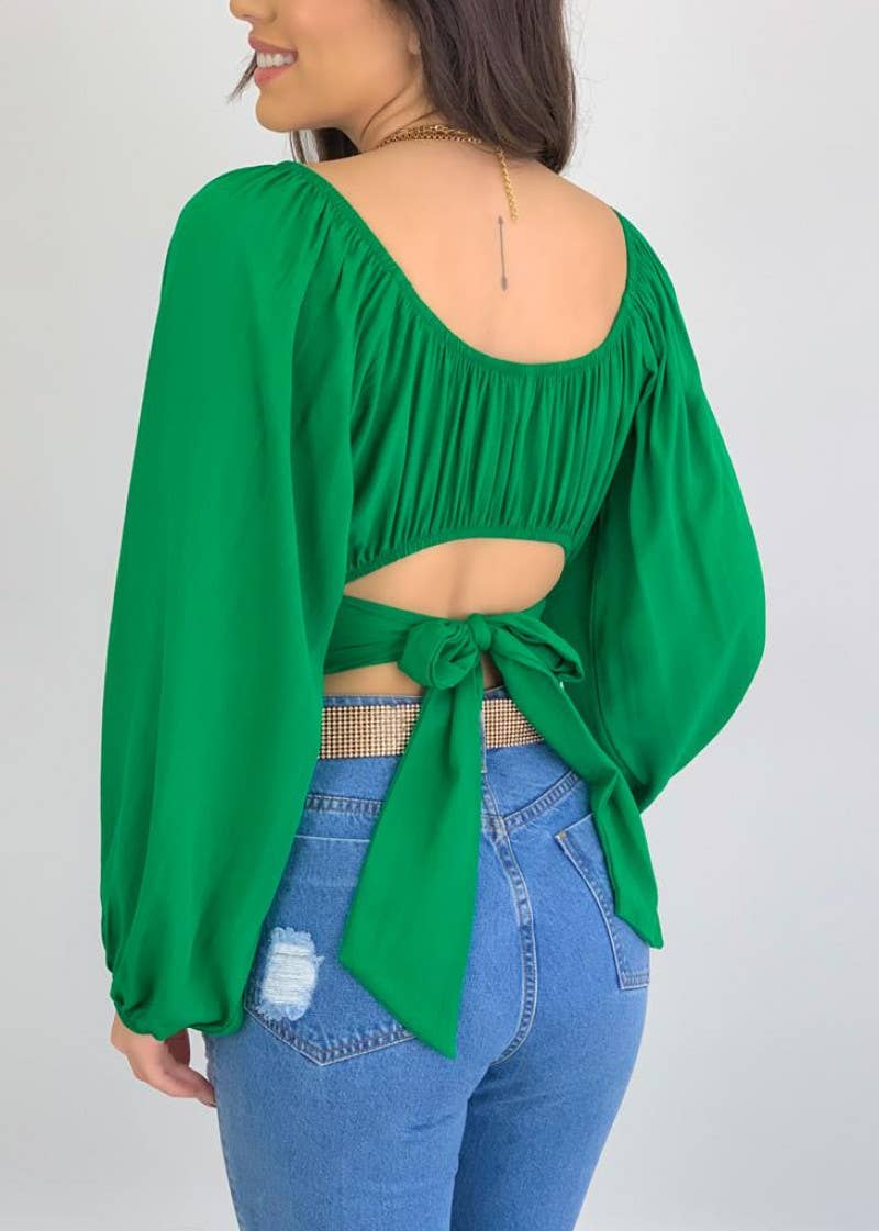 Crop Top Balloon Sleeve Straight-Neck Shirt – White