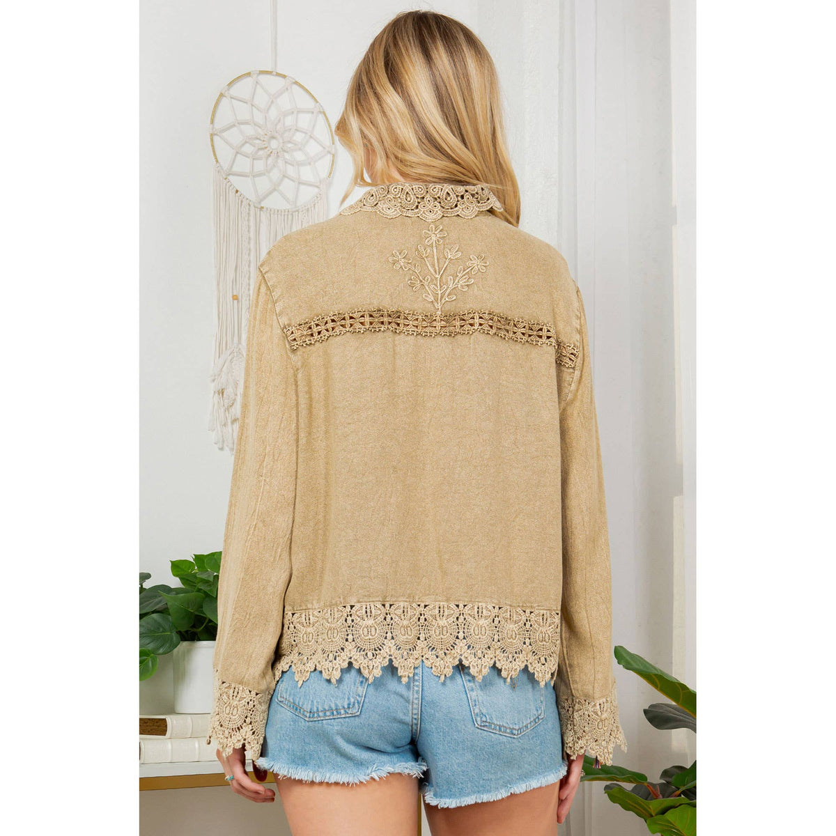 Young Threads Artisan Boho Lace Trim Button-Front Blouse Top – Khaki Green