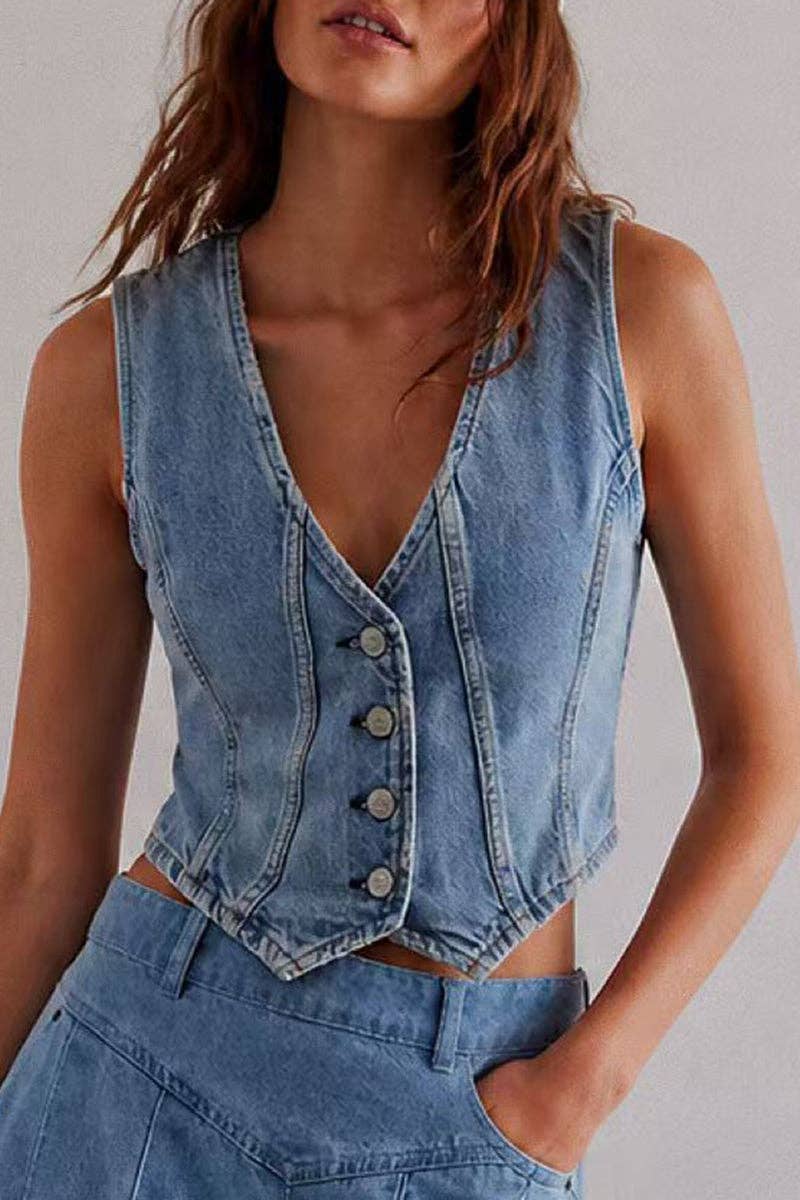 Soli Echo Button-Front V-Neck Vest – Light Blue