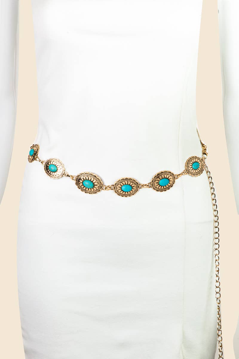 Anarchy Street Floral Turquoise Concho Disc Chain Belt – G