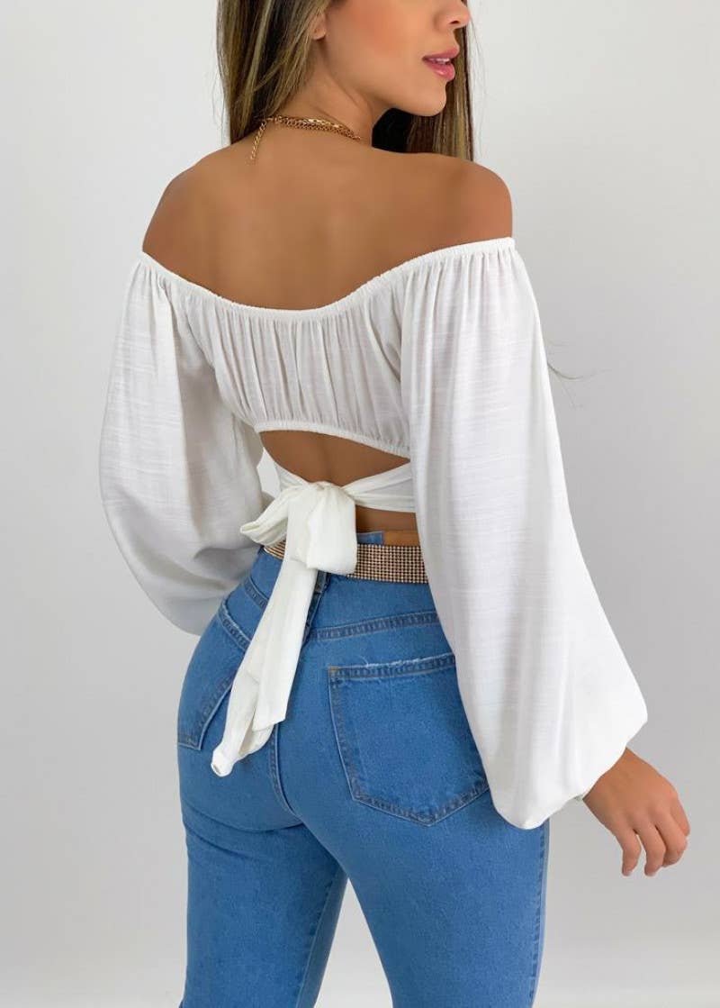 Crop Top Balloon Sleeve Straight-Neck Shirt – White