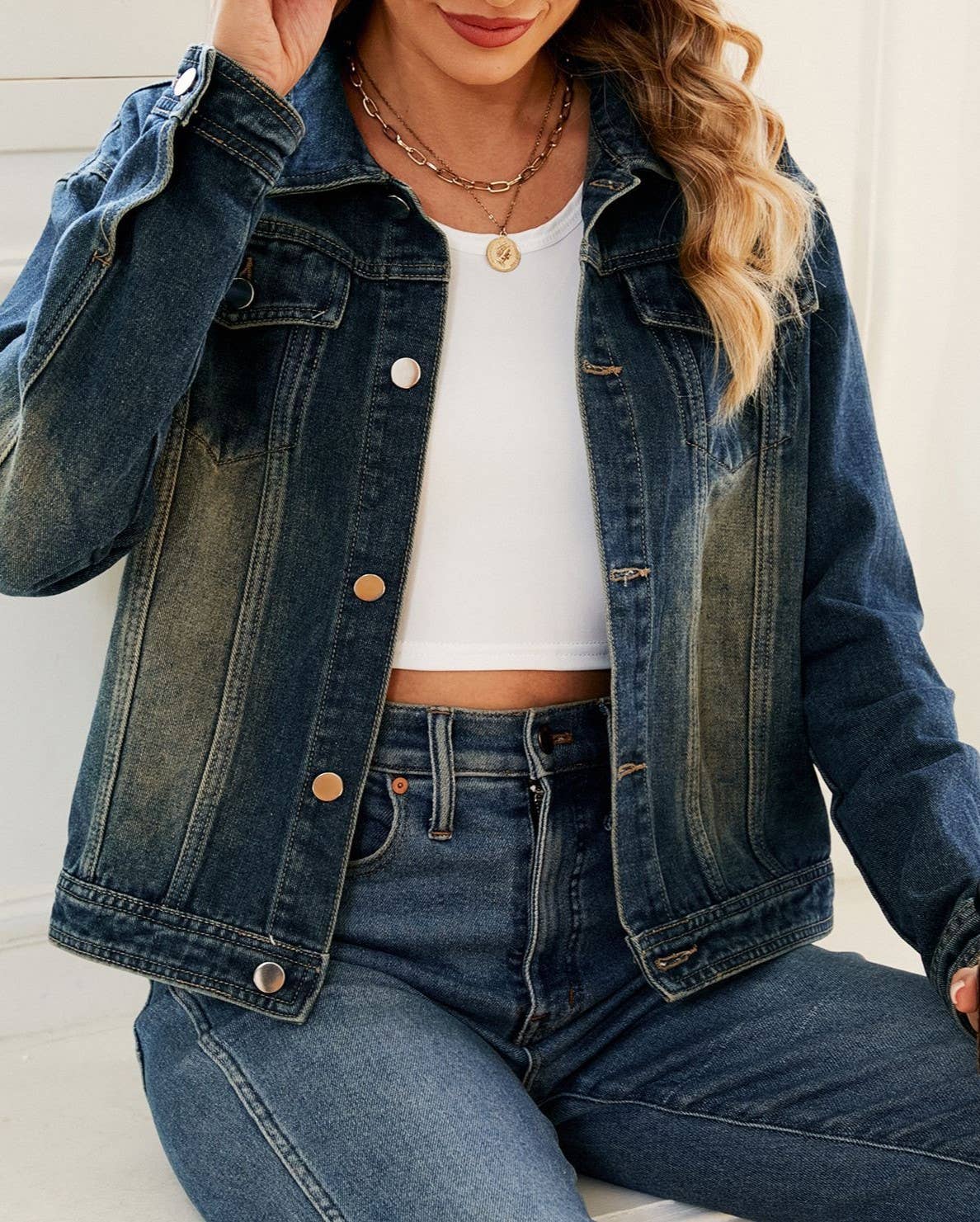 Vintage Gradient Lapel Wash Denim Jacket – DarkBlue