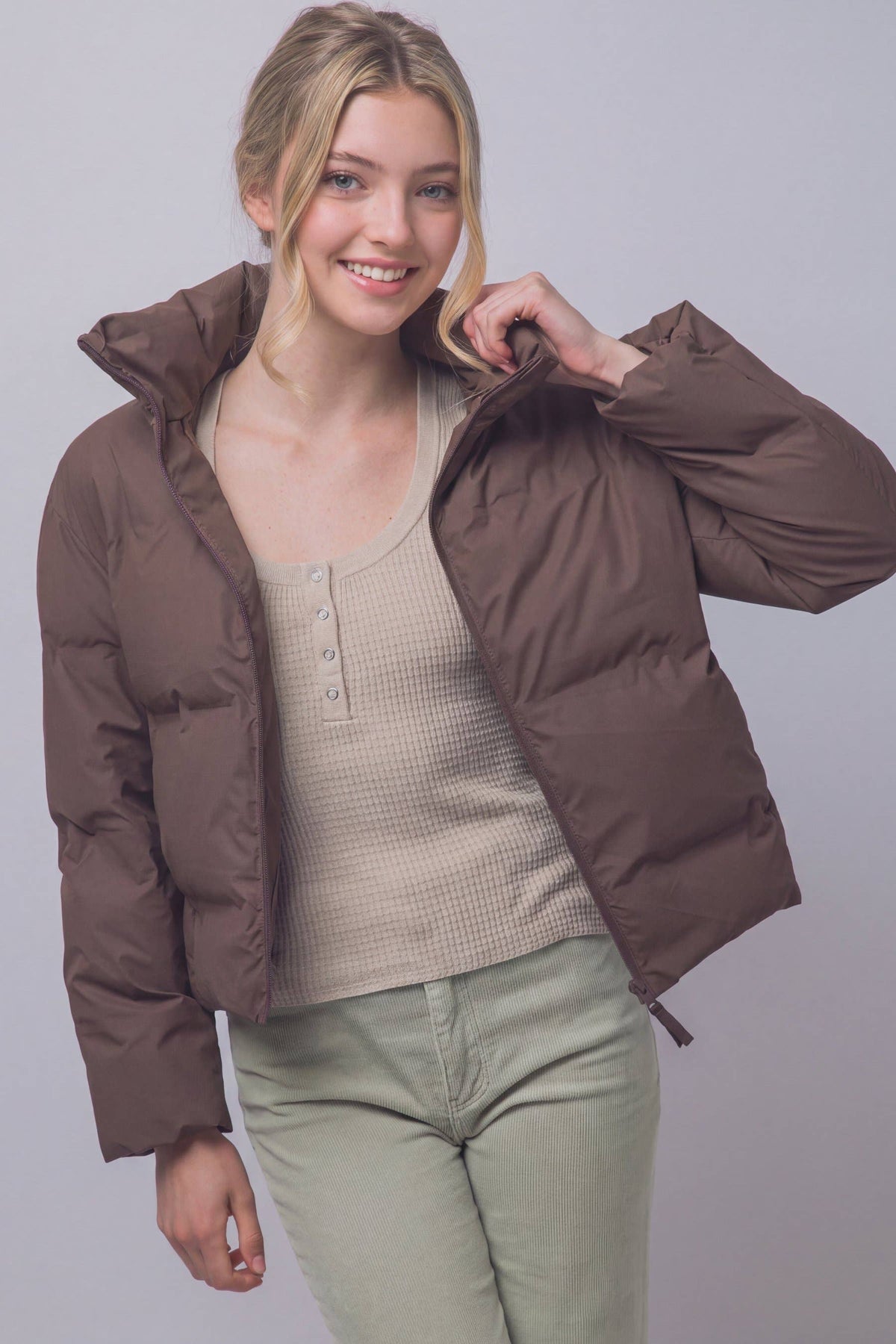 Peace Love Line Women's Zip-Front Puffer Jacket (PM6105) – Espresso