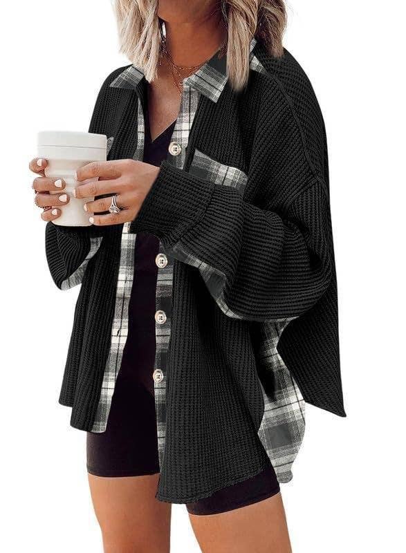 Sweet Kama Women's Plaid Waffle Button-Down Shirt – Apricot