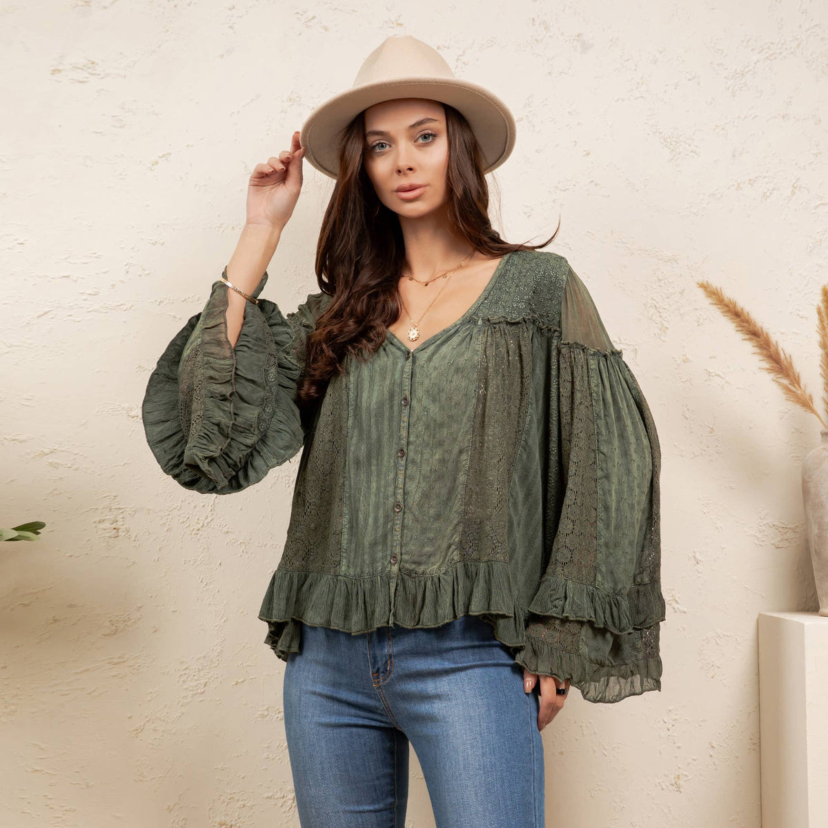 Young Threads Dreamy Sheer V-Neck Ruffled Button-Front Top – Gravel