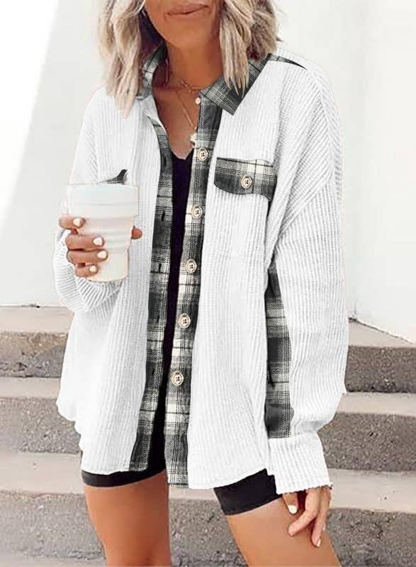 Sweet Kama Women's Plaid Waffle Button-Down Shirt – Apricot