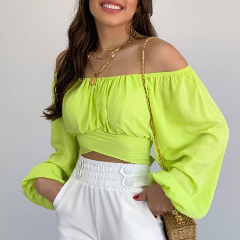 Crop Top Balloon Sleeve Straight-Neck Shirt – White