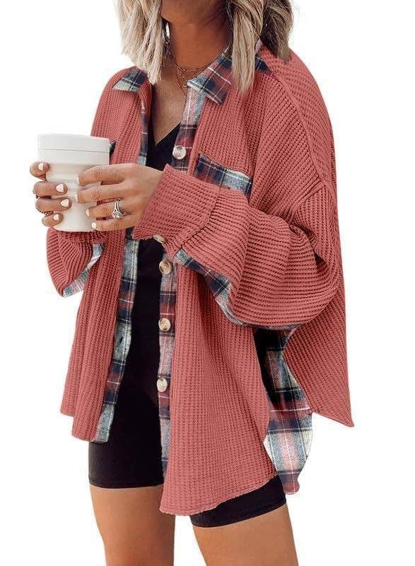 Sweet Kama Women's Plaid Waffle Button-Down Shirt – Apricot