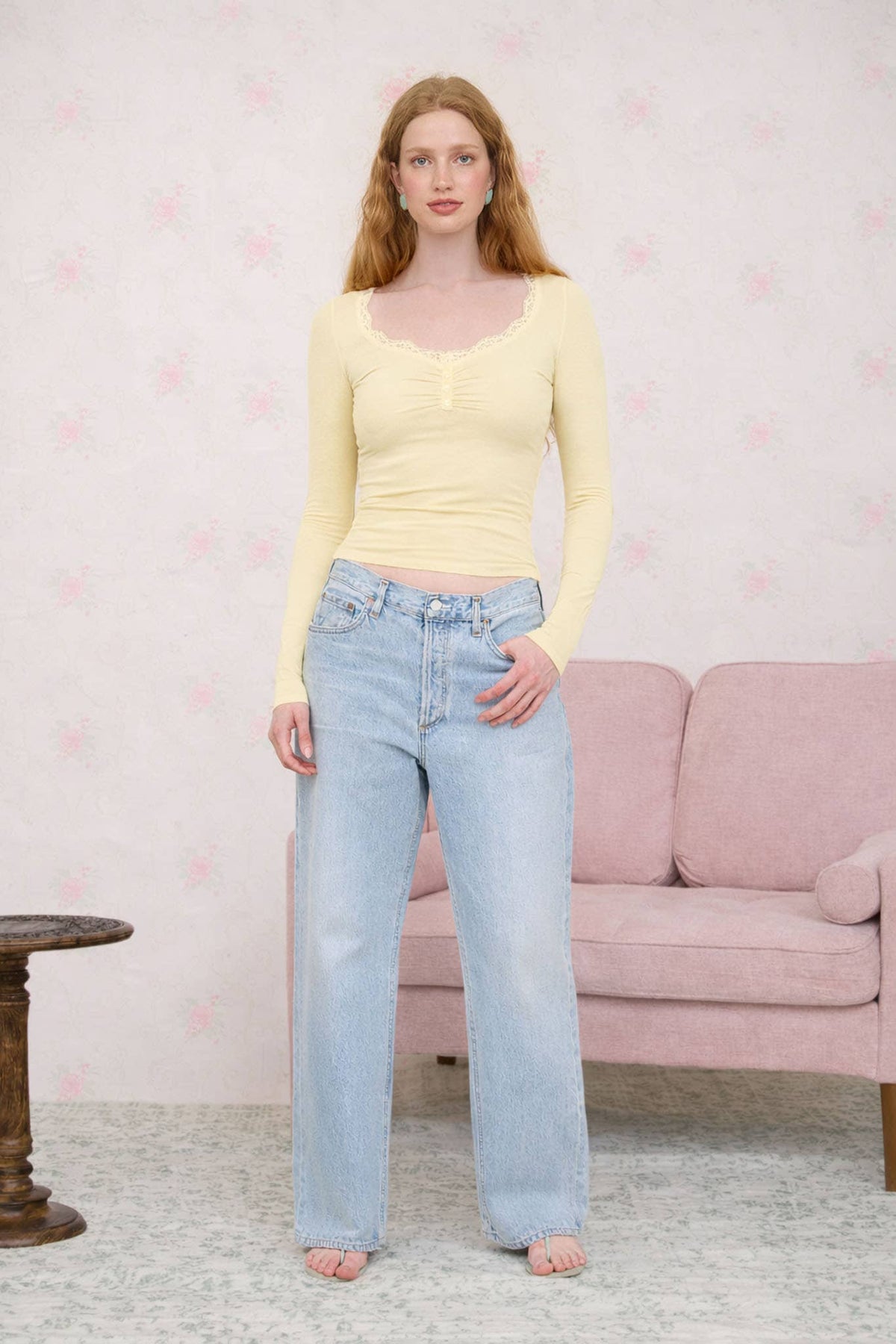 The Workshop Studio Lace Trim Button Detail Long Sleeve Knit Top