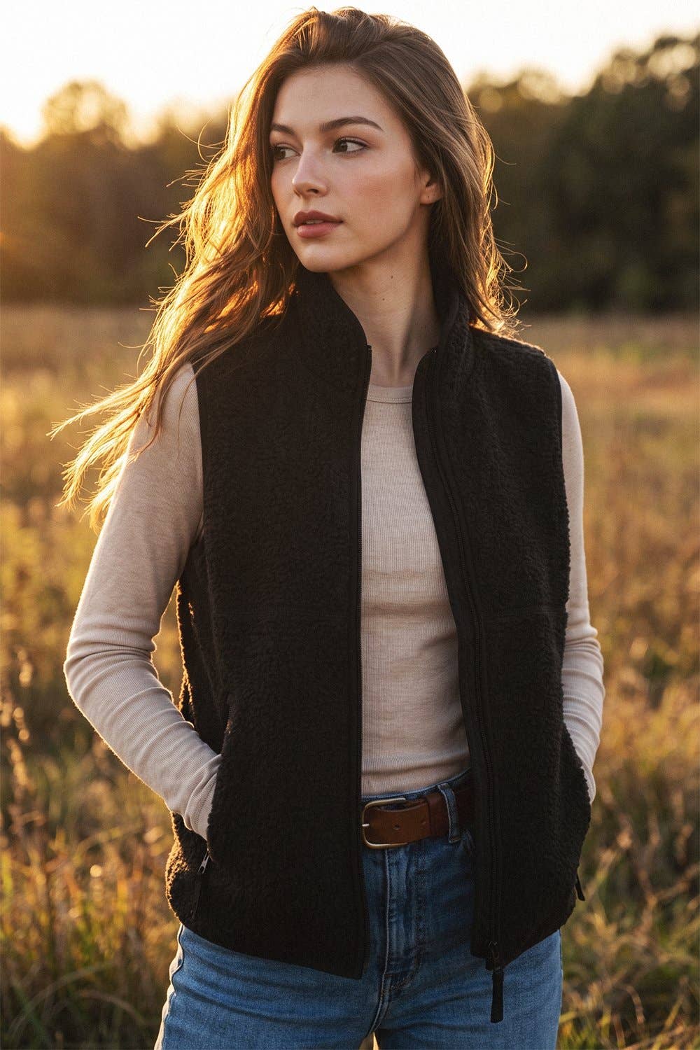 Peace Love Line Women's Sherpa Fleece Zip-Front Vest (PM5686)