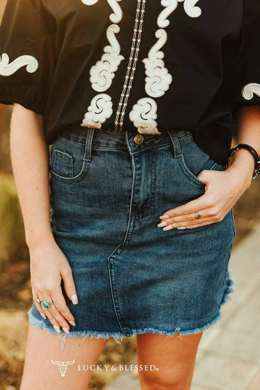 LUCKY & BLESSED Classic Western Unfinished Hem Mid Wash Skirt