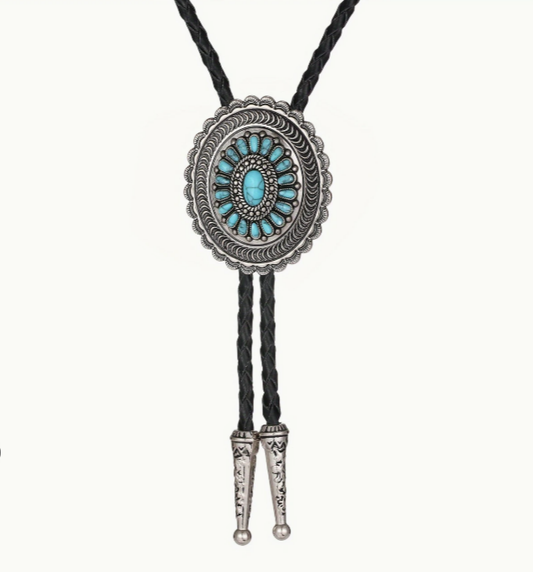 Western Cowboy turquoise decorated Bolo Tie Necklace
