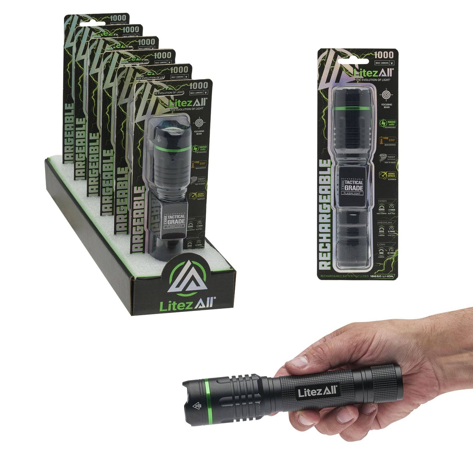 LitezAll LitezAll Thin Rechargeable 1000 Lumen Tactical Flashlight, Title: Default Title, nan: nan, nan: nan
