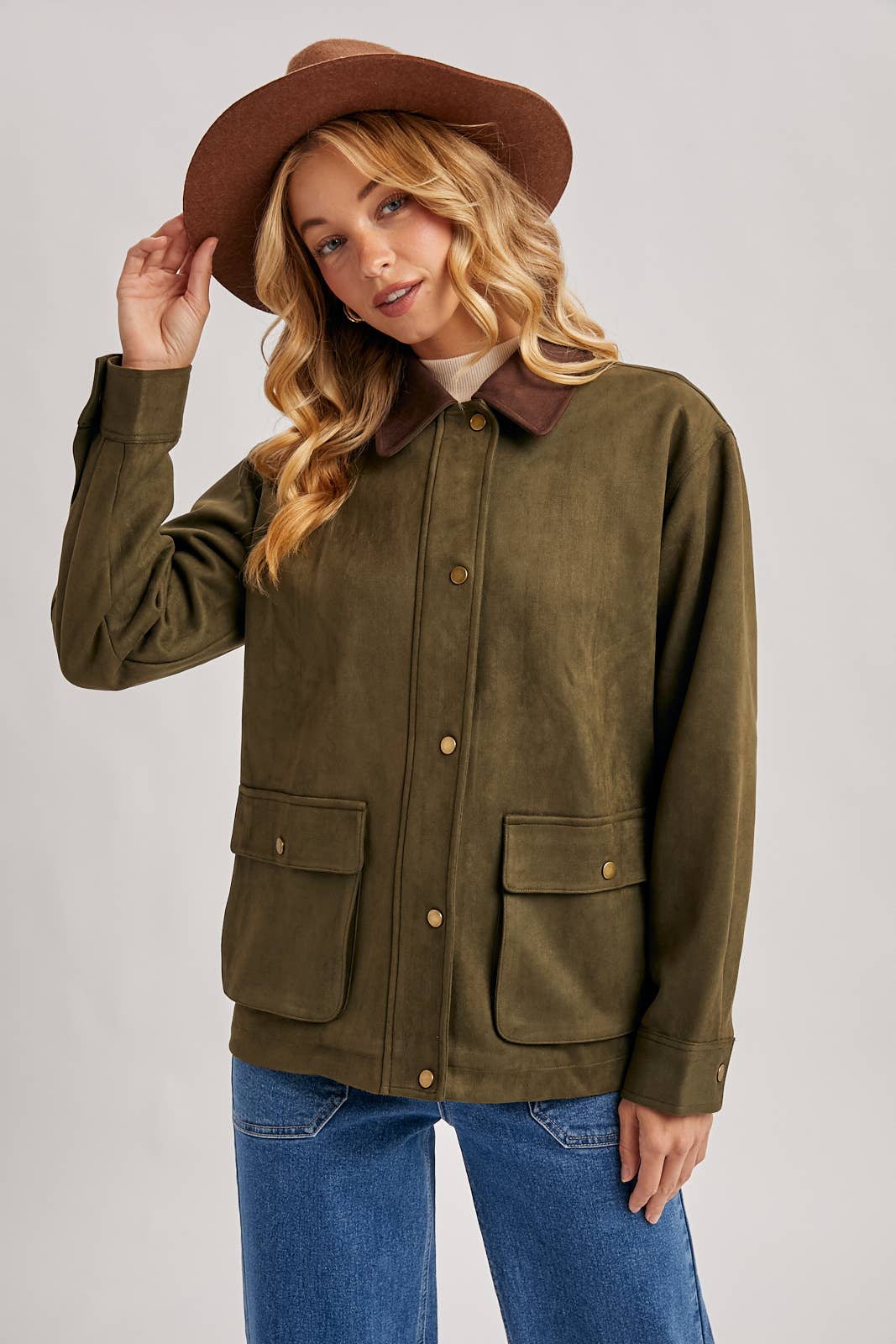 Peace Love Line Women's Faux Suede Button-Down Jacket (PL9022) – Camel