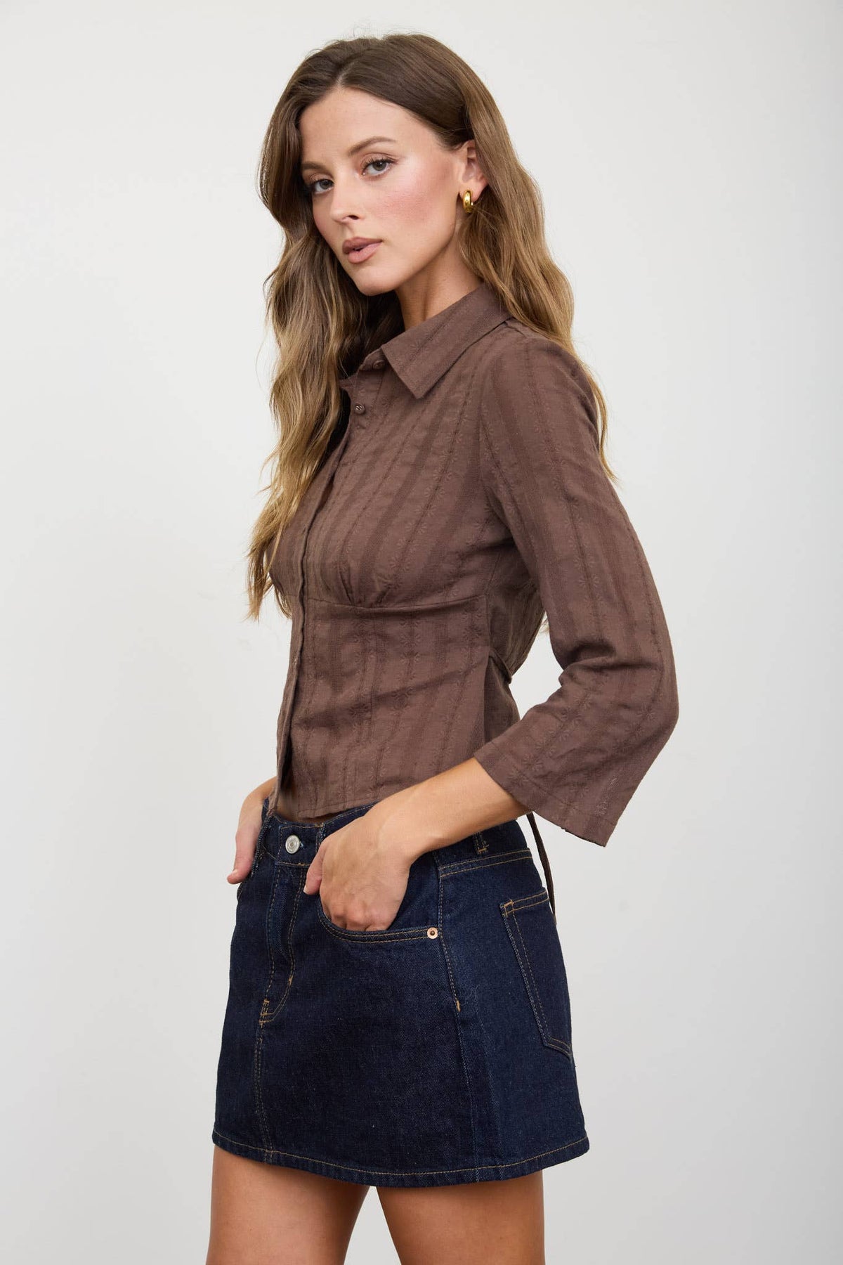Blu Pepper Stripe Collared Long Sleeve Empire Waist Top – Brown