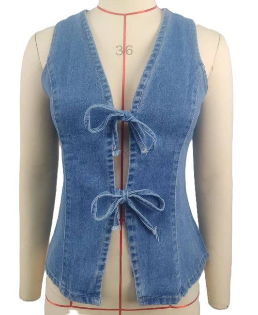 Basic Lace-Up Denim Vest – Blue