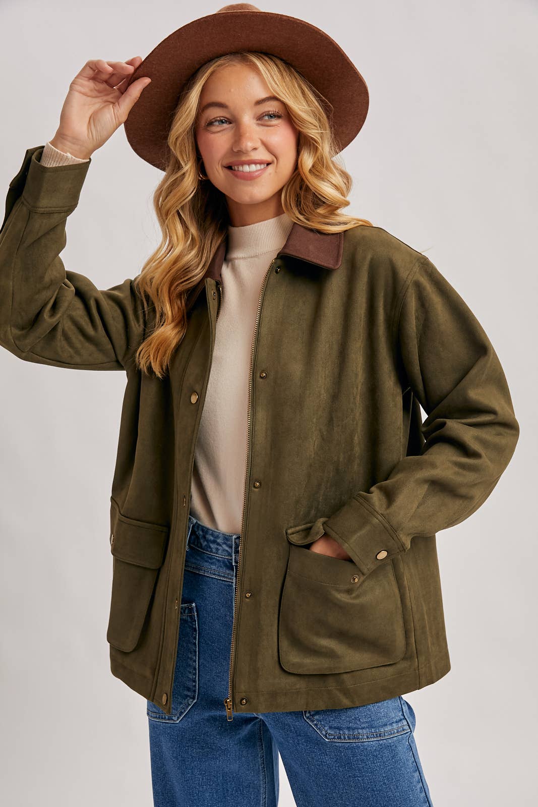Peace Love Line Women's Faux Suede Button-Down Jacket (PL9022) – Camel