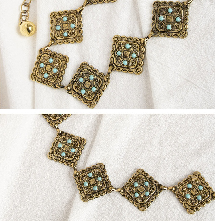 Vintage Turquoise Bohemian Metal Waist Chain: Flowers / M