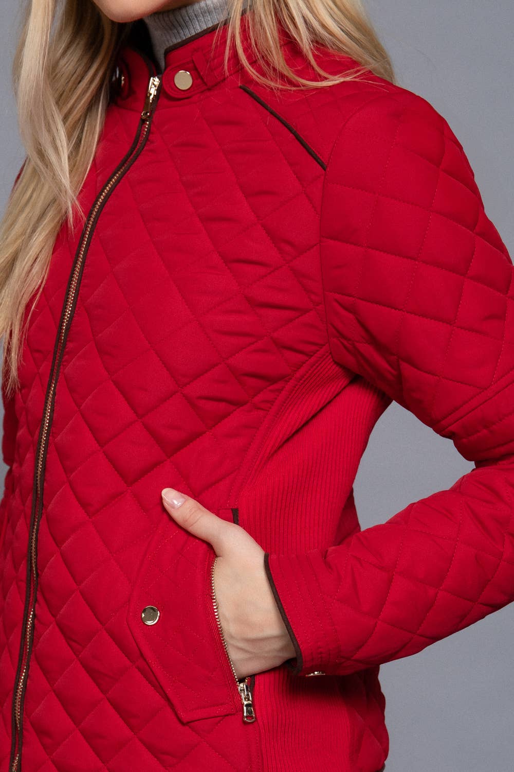 Suede Piping Detail Rib Quilted Padding Jacket