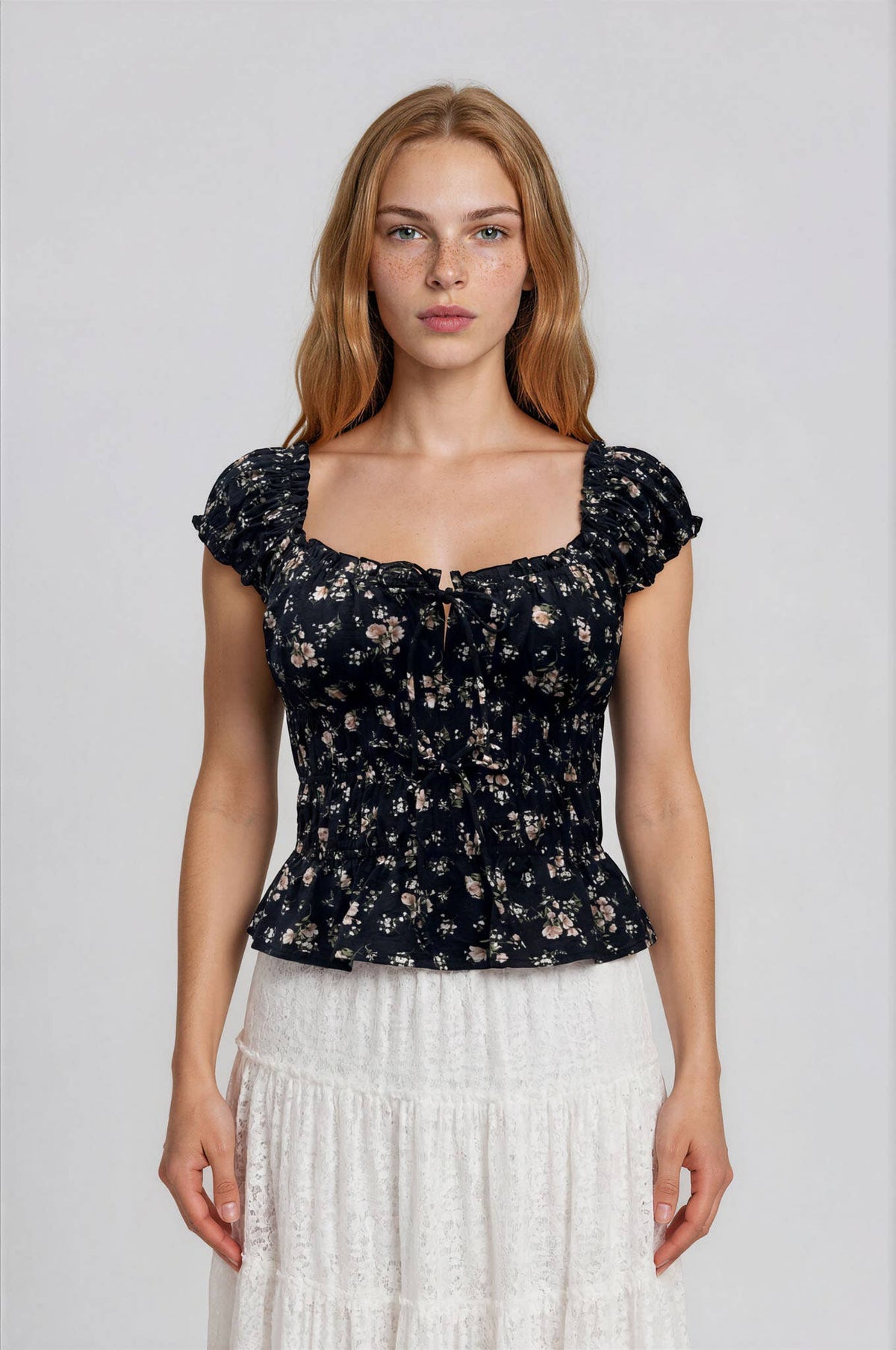 Blu Pepper Floral Front Tie Shirred Waist Ruffled Top