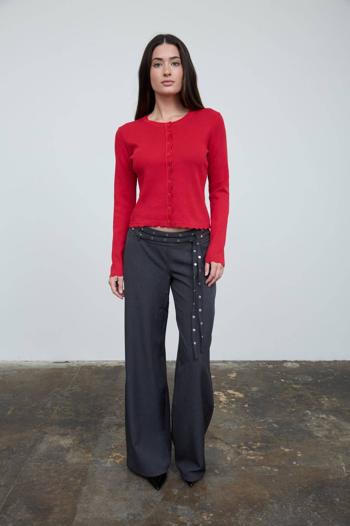 The Workshop Studio Scalloped Button Detail Long Sleeve Knit Cardigan