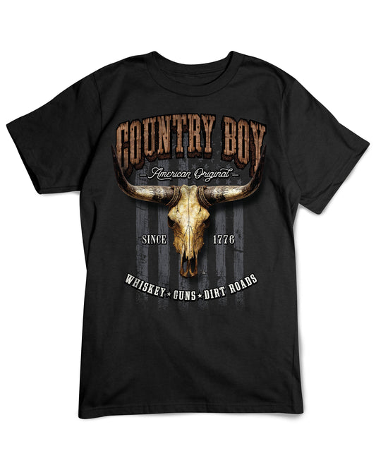 Country Girl Store Country Boy® Men's Cotton Tee Whiskey Guns Dirt Roads – Black