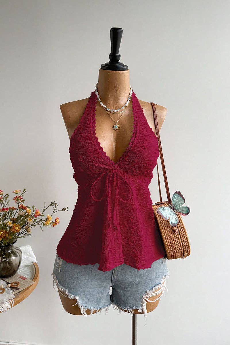 Soli Echo Halter Tie Back Floral Camisole Top – Wine