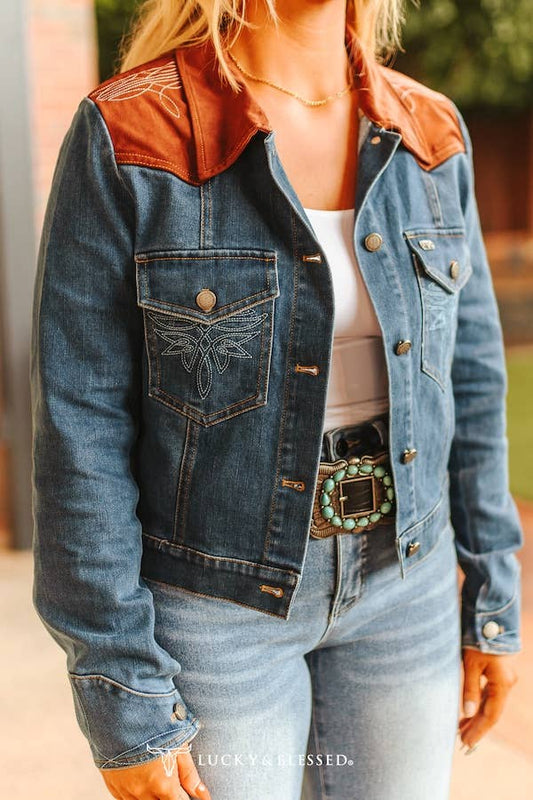 LUCKY & BLESSED Denim Boot Stitch Brown Leather Yoke Jacket