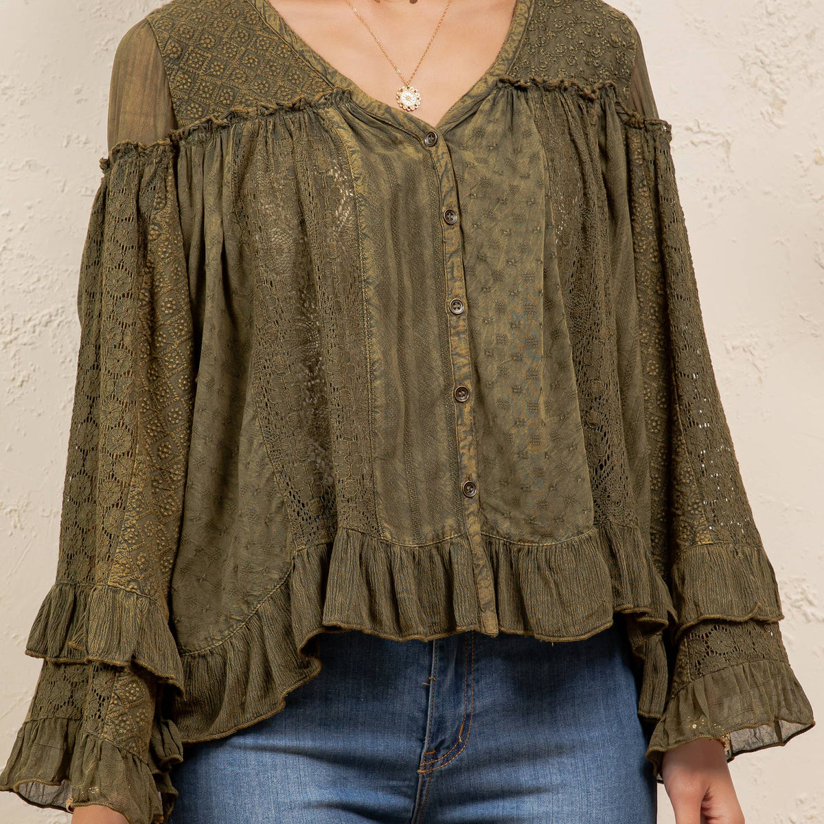 Young Threads Dreamy Sheer V-Neck Ruffled Button-Front Top – Gravel