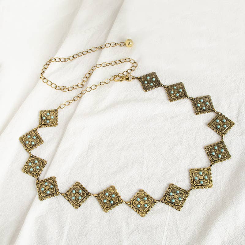 Vintage Turquoise Bohemian Metal Waist Chain: Oval / M