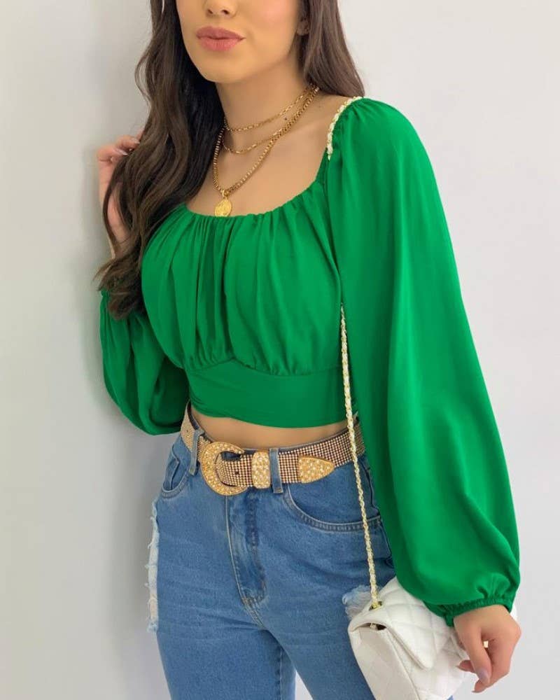 Crop Top Balloon Sleeve Straight-Neck Shirt – White