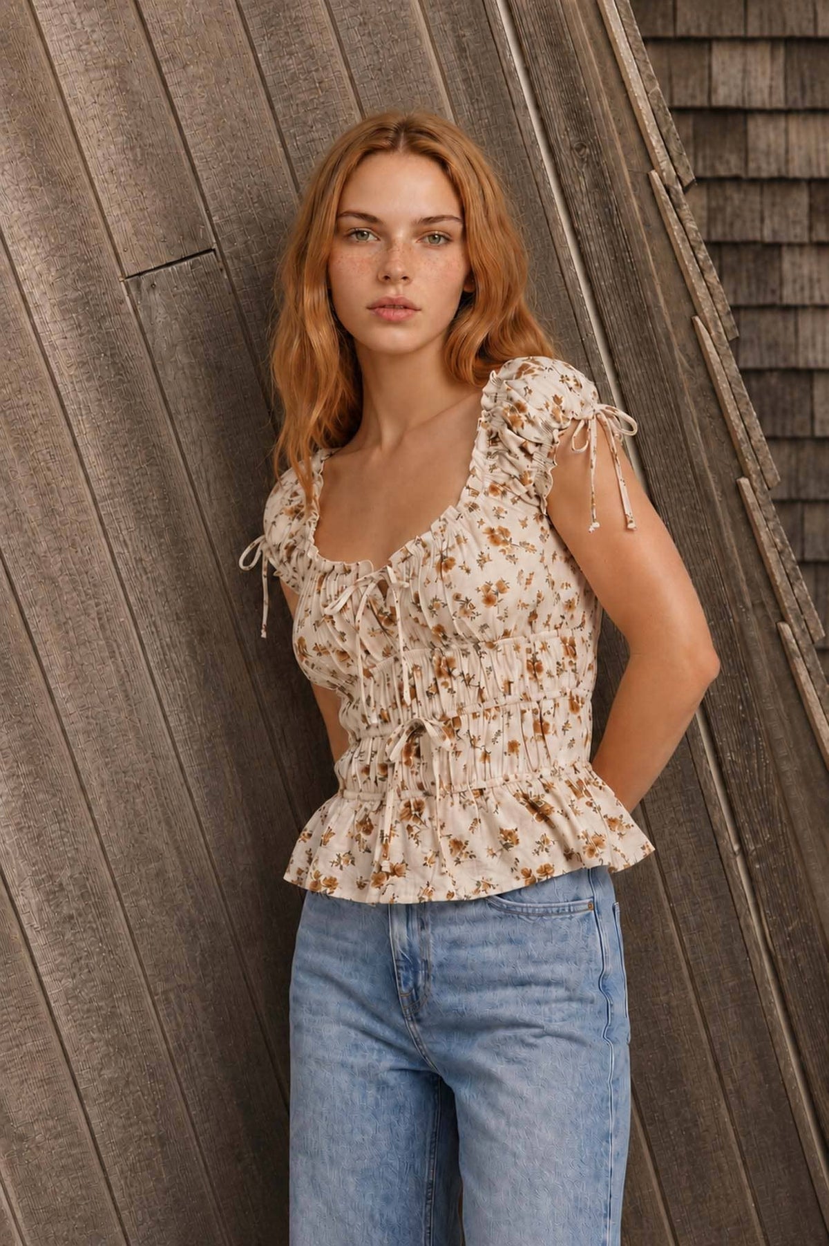 Blu Pepper Floral Front Tie Shirred Waist Ruffled Top