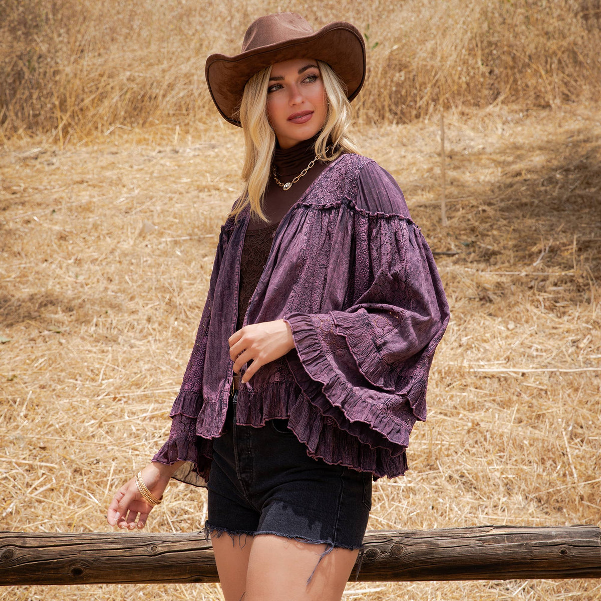Young Threads Dreamy Sheer V-Neck Ruffled Button-Front Top – Gravel
