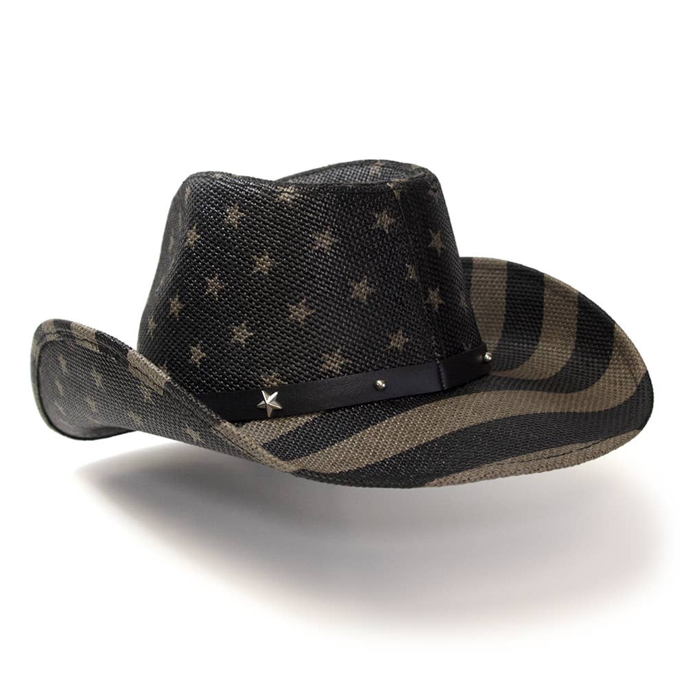 Black & Gray Americana Straw Western Hat: L/XL