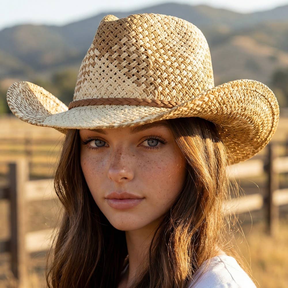 Anarchy Street Two Tone Straw Braided Patches Cowboy Hat – Iv