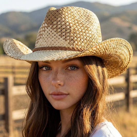 Anarchy Street Two Tone Straw Braided Patches Cowboy Hat – Iv