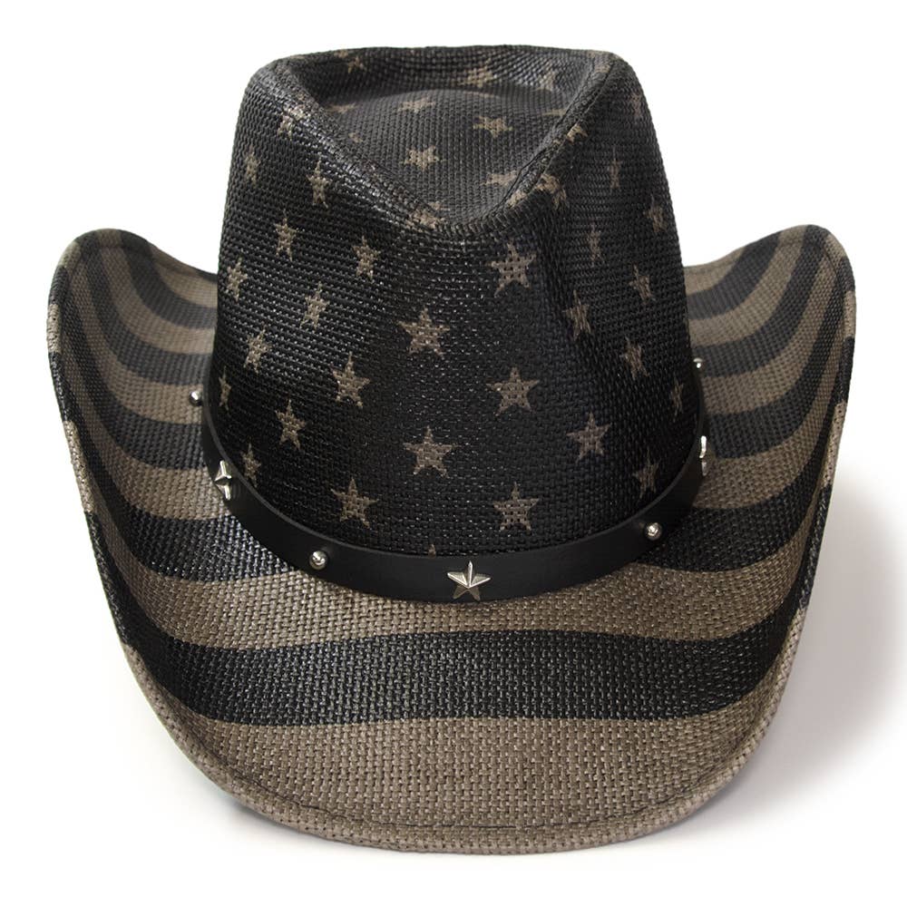 Black & Gray Americana Straw Western Hat: L/XL