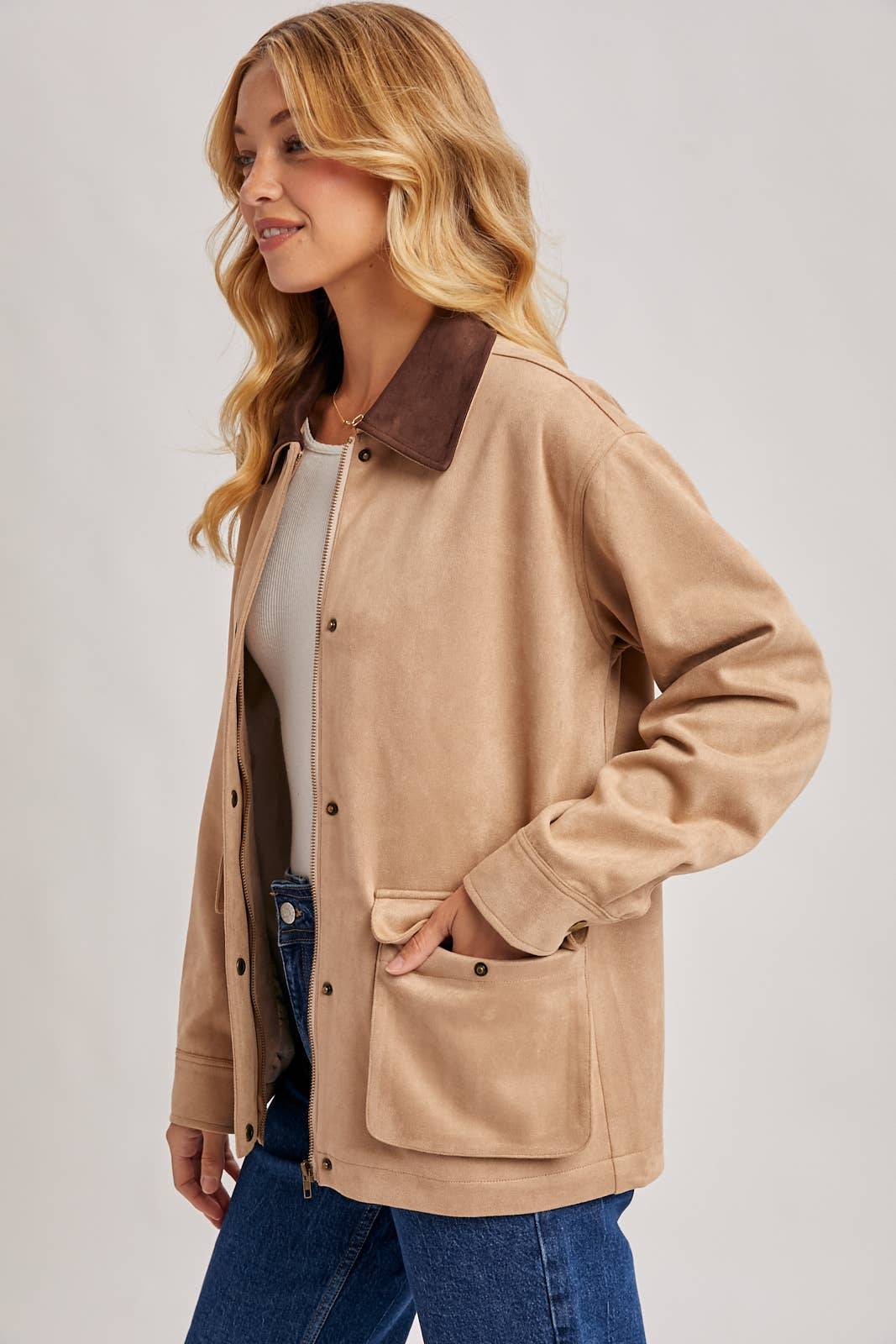 Peace Love Line Women's Faux Suede Button-Down Jacket (PL9022) – Camel