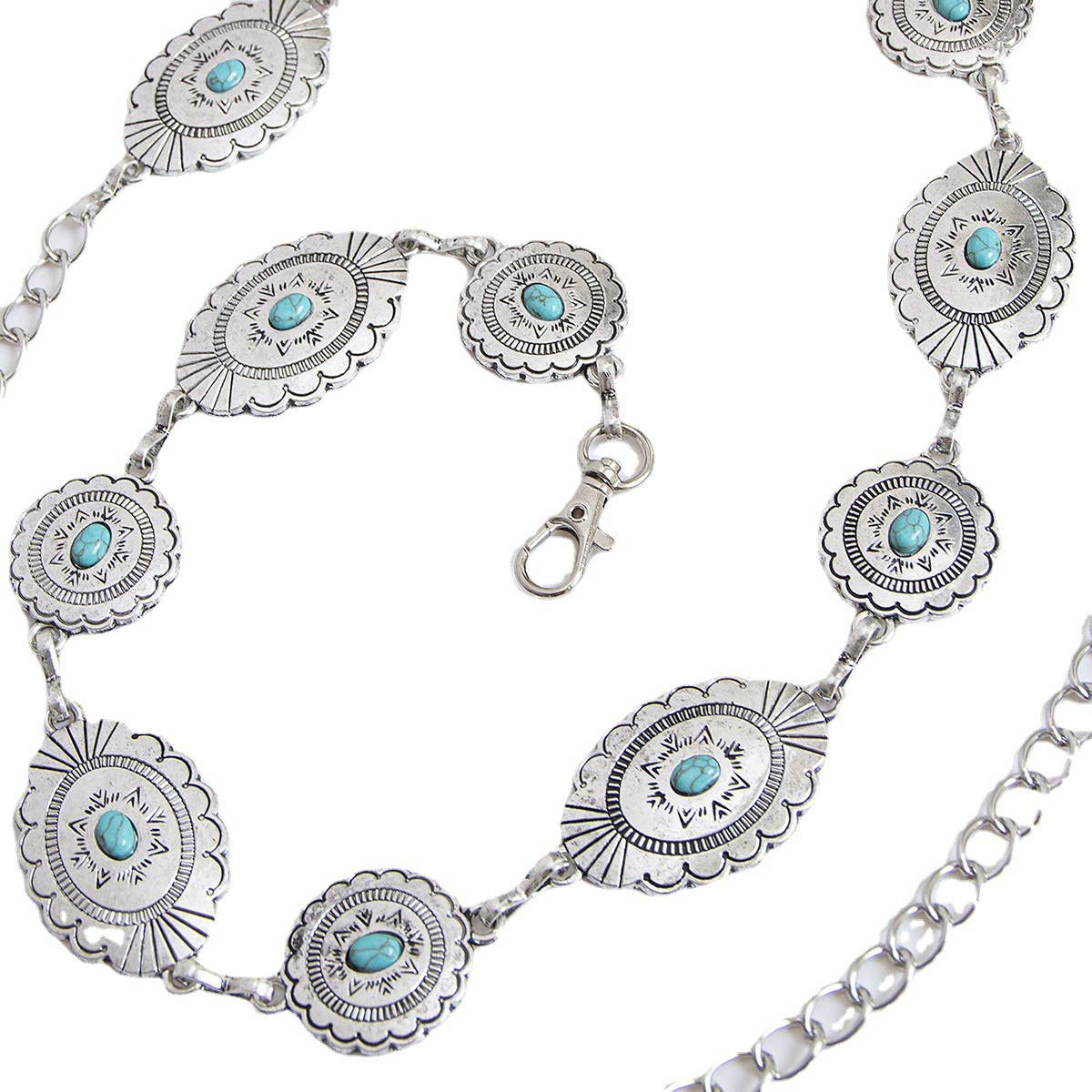 Vintage Turquoise Bohemian Metal Waist Chain: Flowers / M