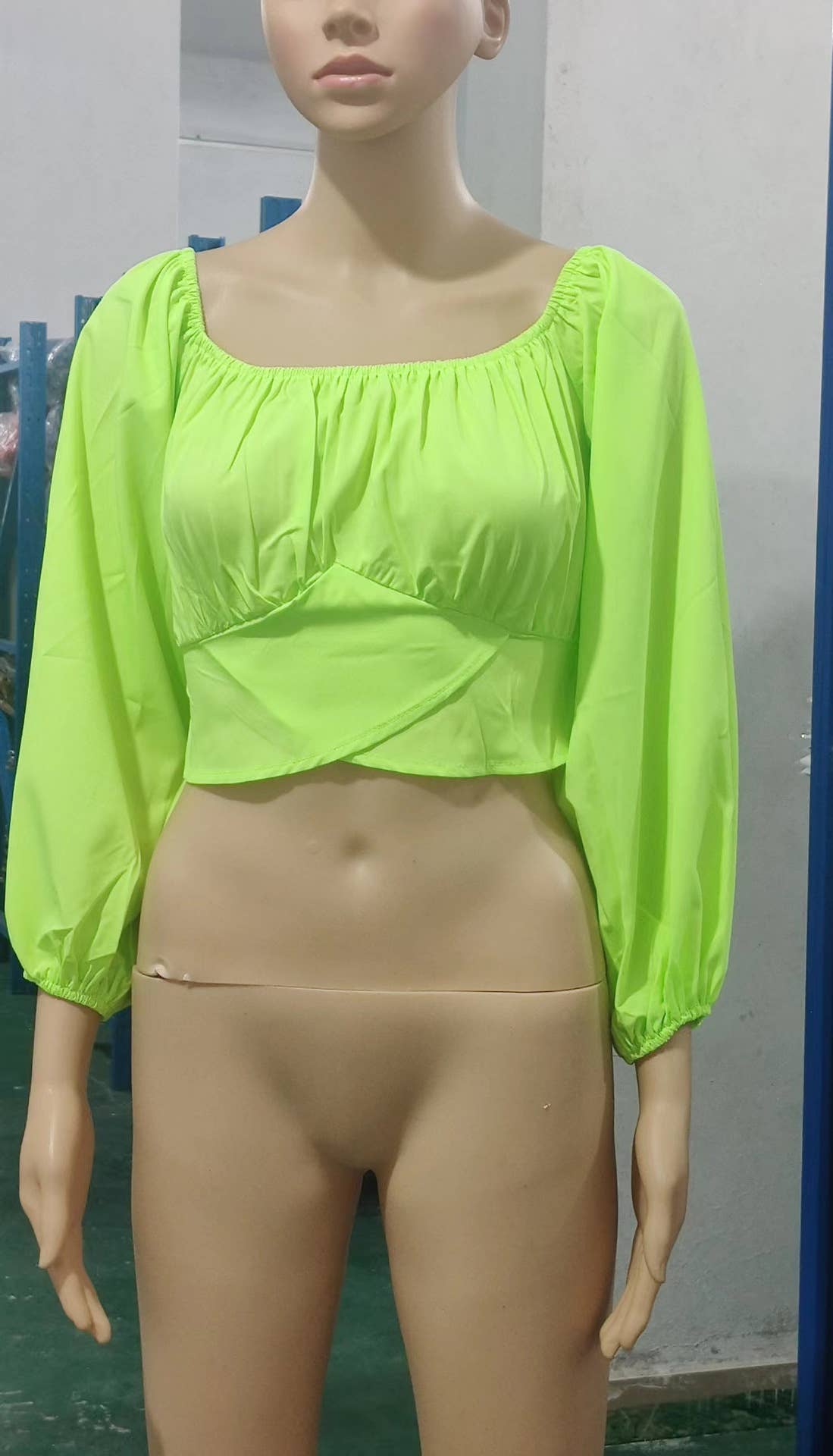 Crop Top Balloon Sleeve Straight-Neck Shirt – White