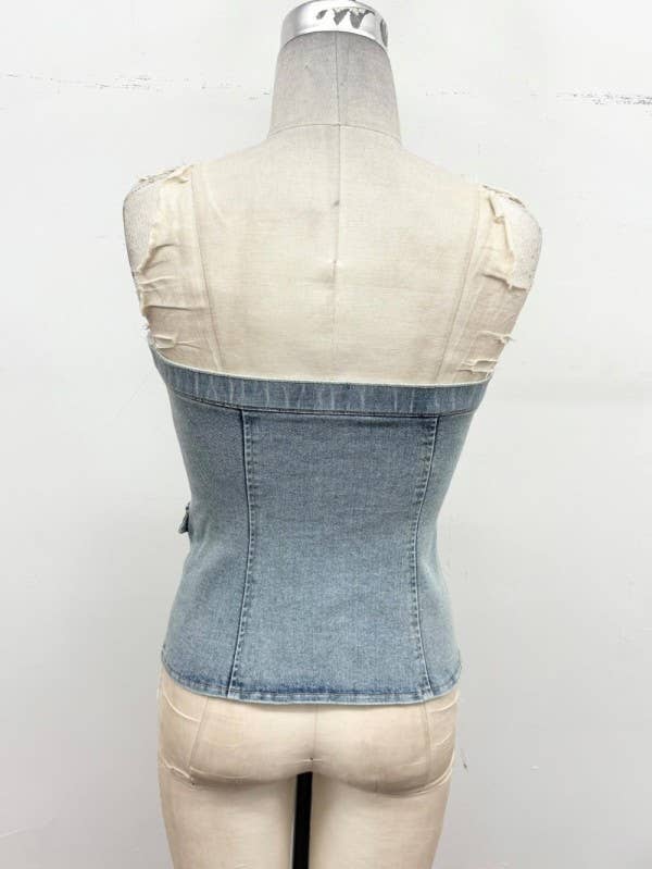 Timing Brand Strapless Button-Up Stretch Denim Corset Top