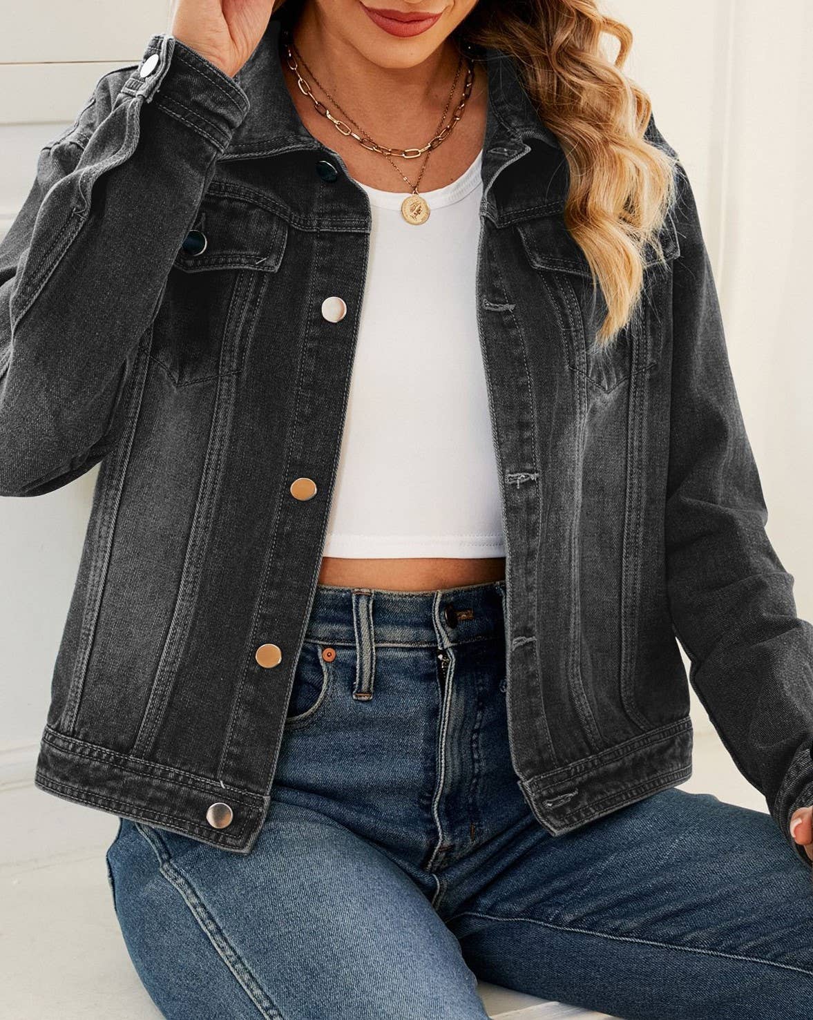 Vintage Gradient Lapel Wash Denim Jacket – DarkBlue