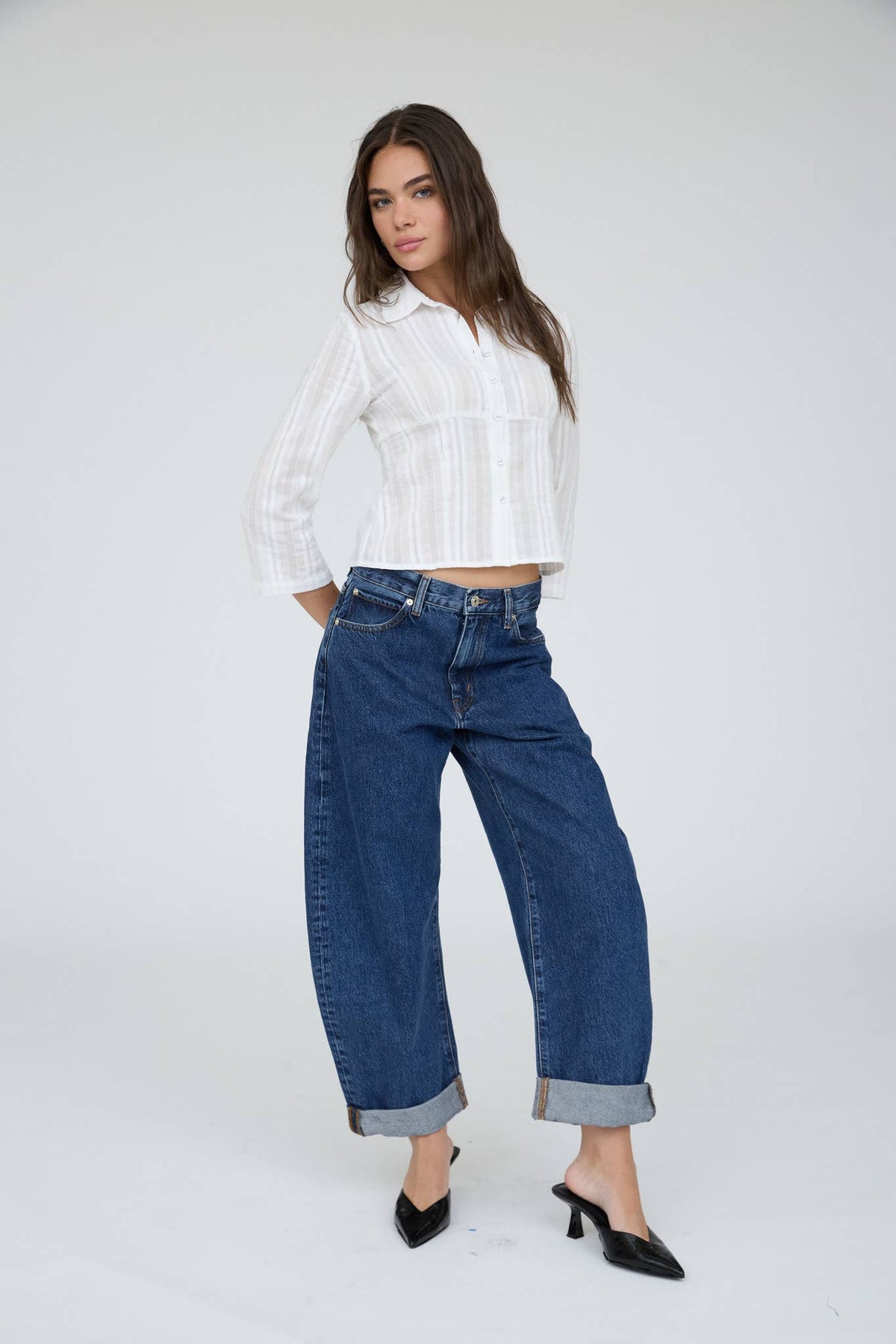 Blu Pepper Stripe Collared Long Sleeve Empire Waist Top – Brown