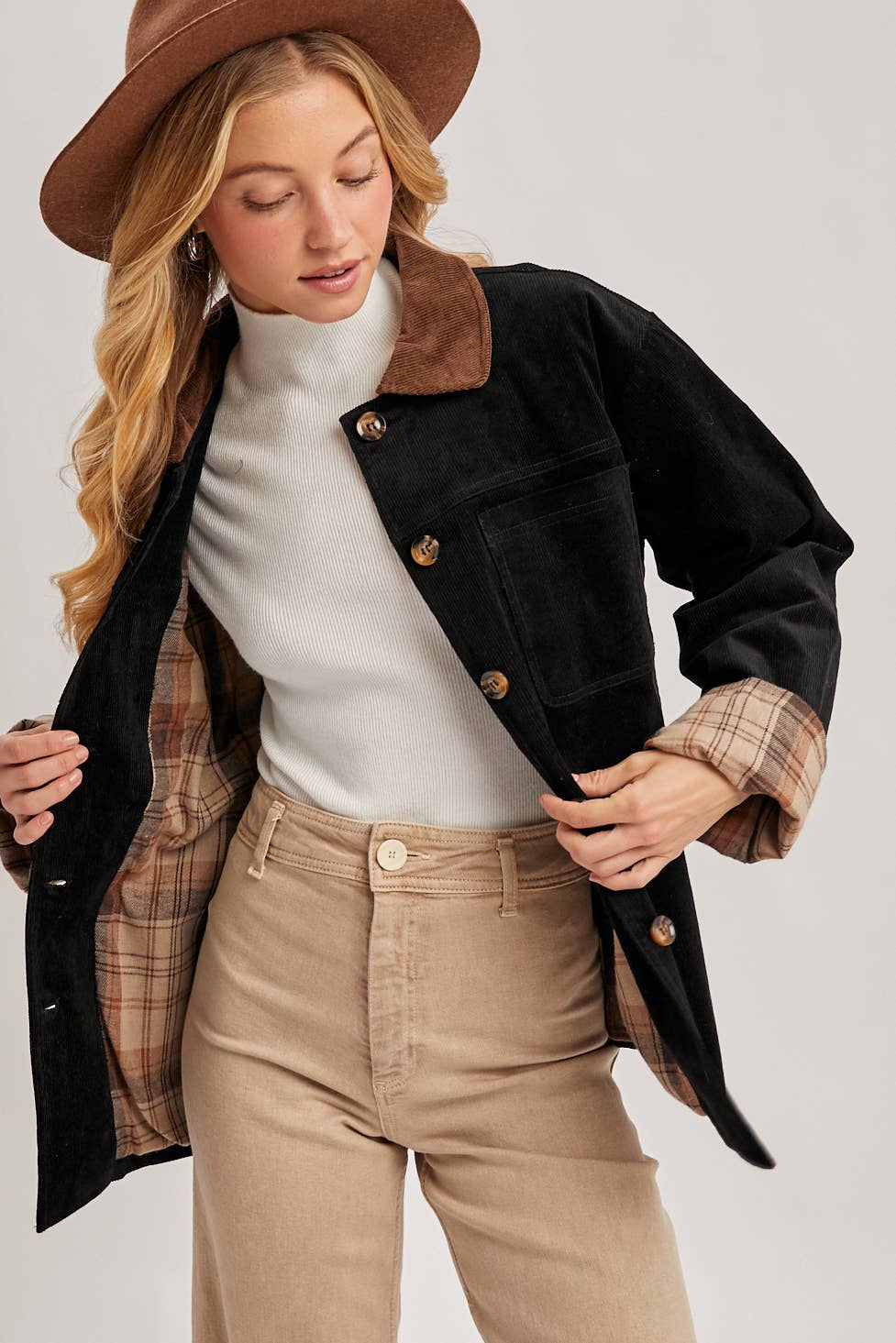 Peace Love Line Women's Corduroy Barn Coat with Plaid Lining (PL4686) – Black