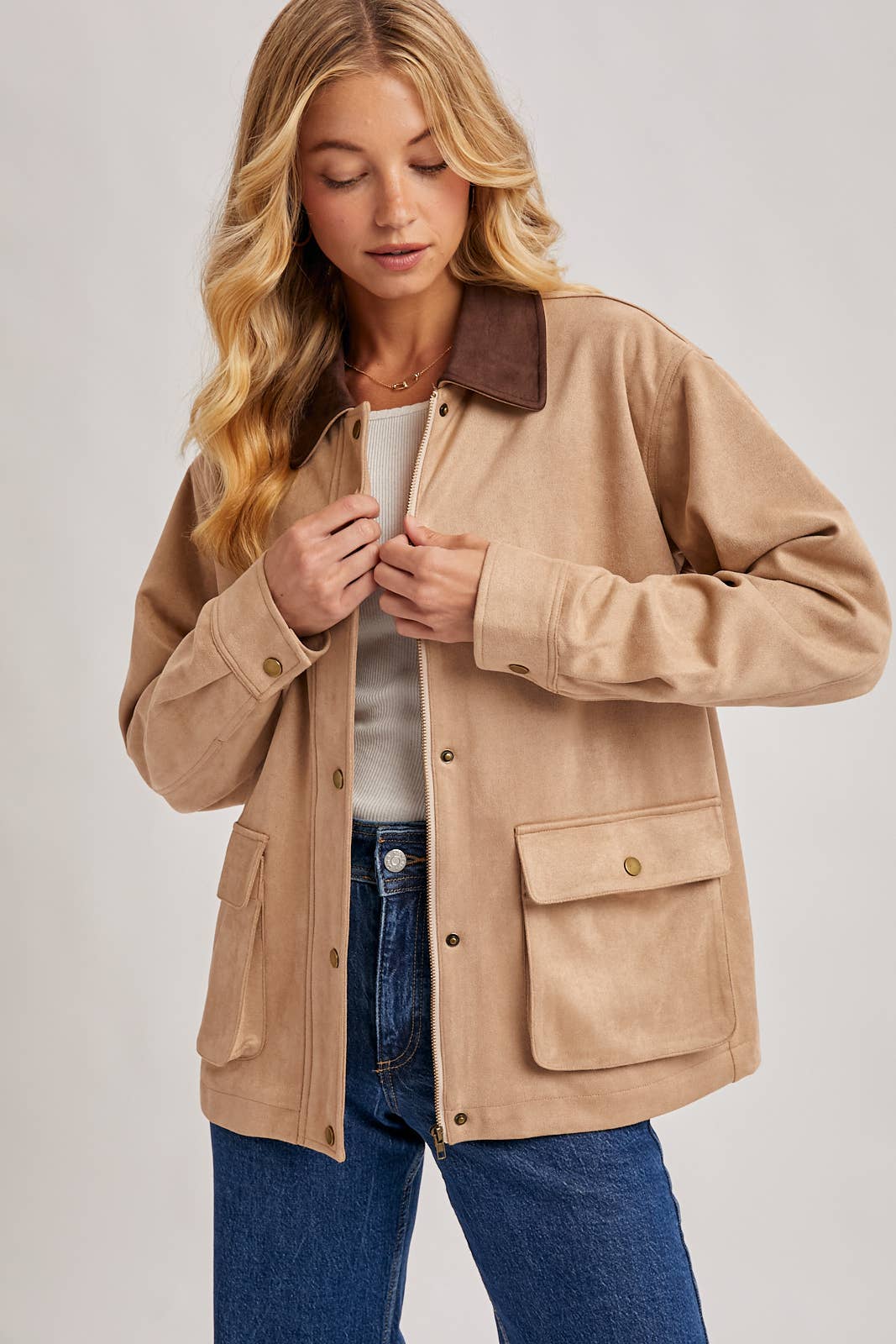 Peace Love Line Women's Faux Suede Button-Down Jacket (PL9022) – Camel