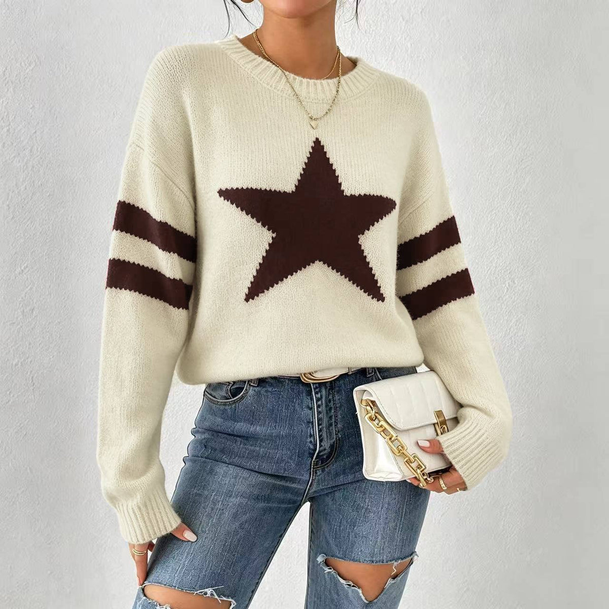 Vintage Pentagram Jacquard Stripe Sleeve Knit Sweater – Beige