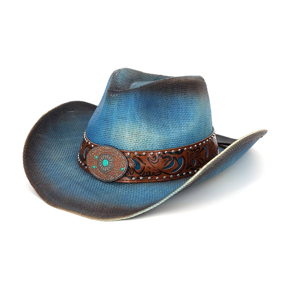 Floral Concho Band Two Tone Straw Cowboy Hat: BE