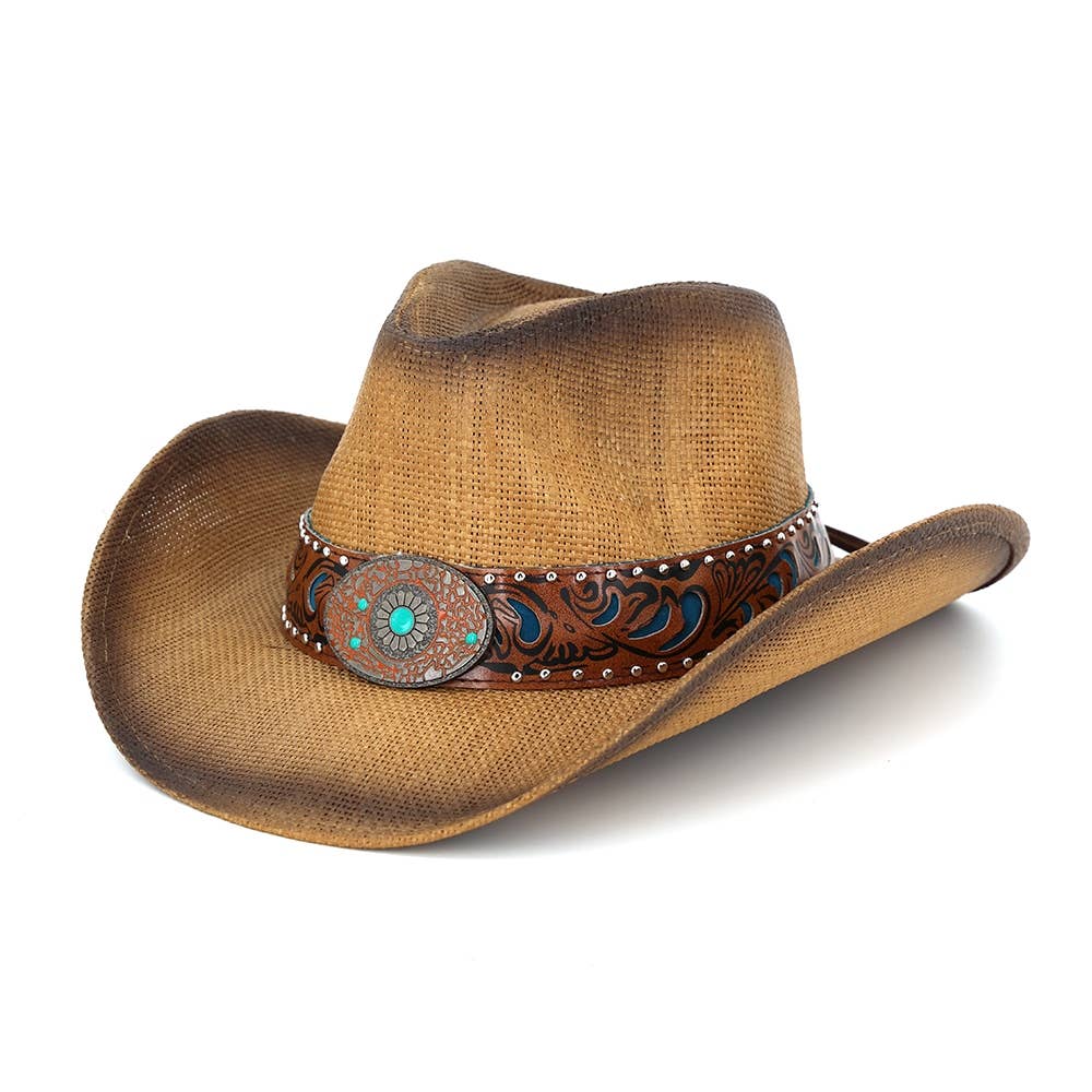 Floral Concho Band Two Tone Straw Cowboy Hat: BE