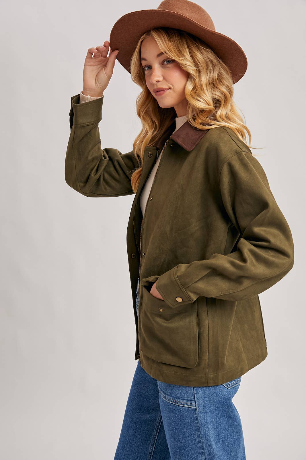 Peace Love Line Women's Faux Suede Button-Down Jacket (PL9022) – Camel