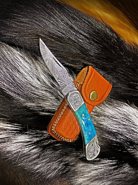 Titan International Pocket Knife Dyed Blue Bone 6.5'' Damascus Steel Knife Steel